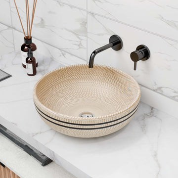 Above-counter vessel sink for bathroom, beige ceramic round bowl with textured geometric pattern, 15.75 in