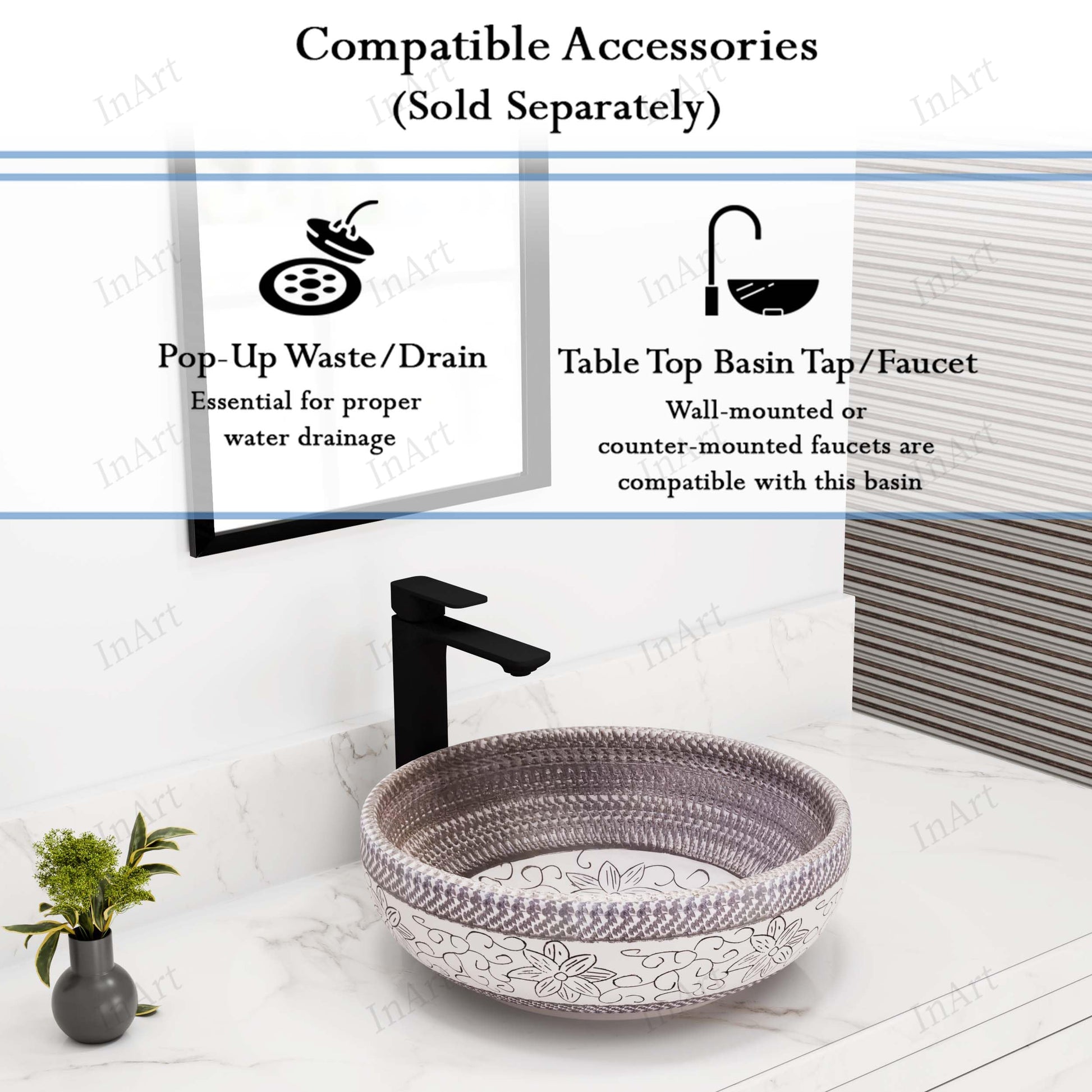 Side profile of 16 inch round ceramic vessel sink showing medium-to-deep bowl depth and patterned band