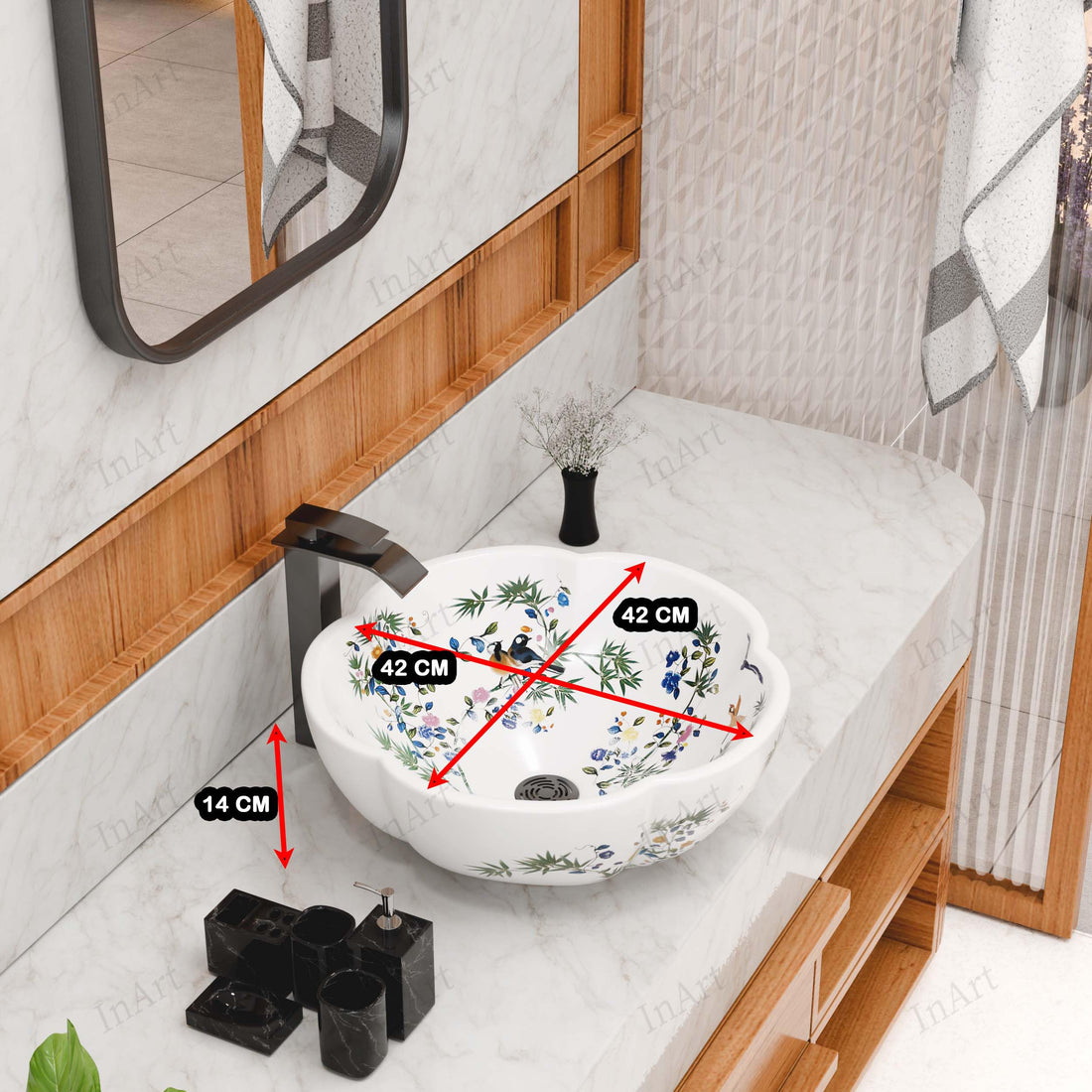 Vessel sink for bathroom, glossy white glazed ceramic round bowl with scalloped rim and floral bird pattern