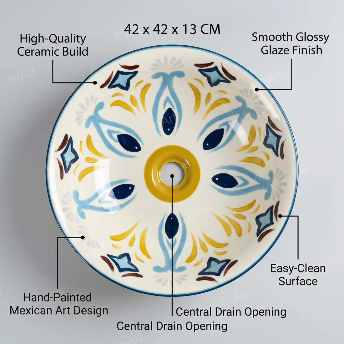 Vessel bowl vanity InArt ceramic round tabletop wash basin, Mexican blue designer pattern