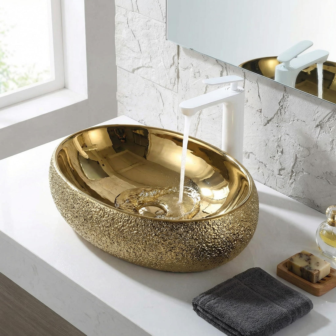Vessel sinks for bathroom: InArt gold oval ceramic vessel sink 24x16 above counter wash basin