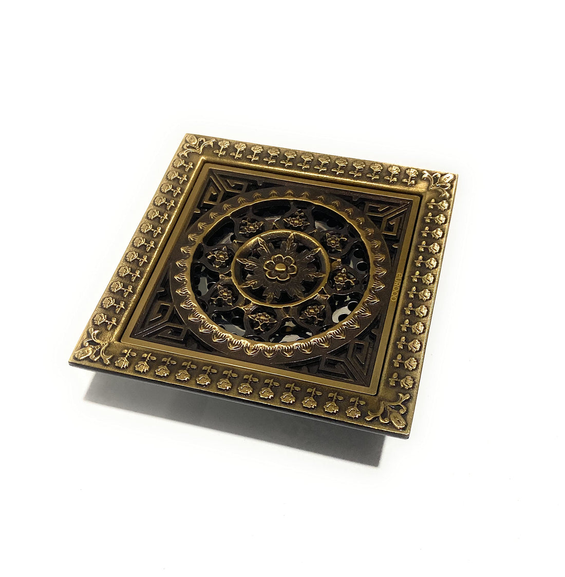 Square brass shower drain with antique brass shower drain cover and removable grate, 4 inch outlet