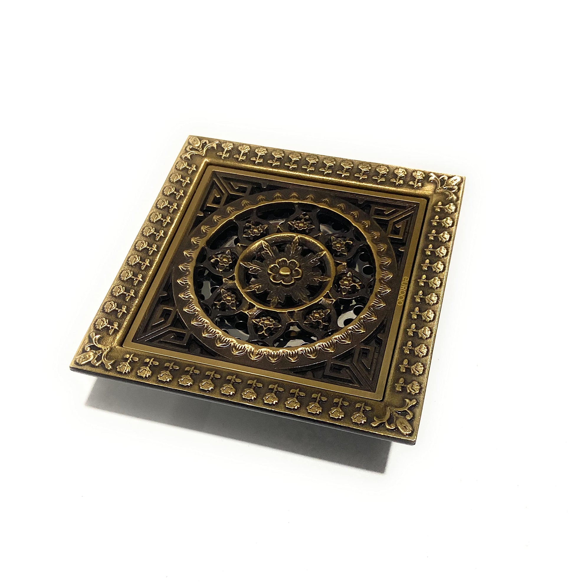 Square brass shower drain with antique brass shower drain cover and removable grate, 4 inch outlet