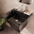 Square gloss black ceramic wall-hung basin with half pedestal, side profile showing compact space-saving design