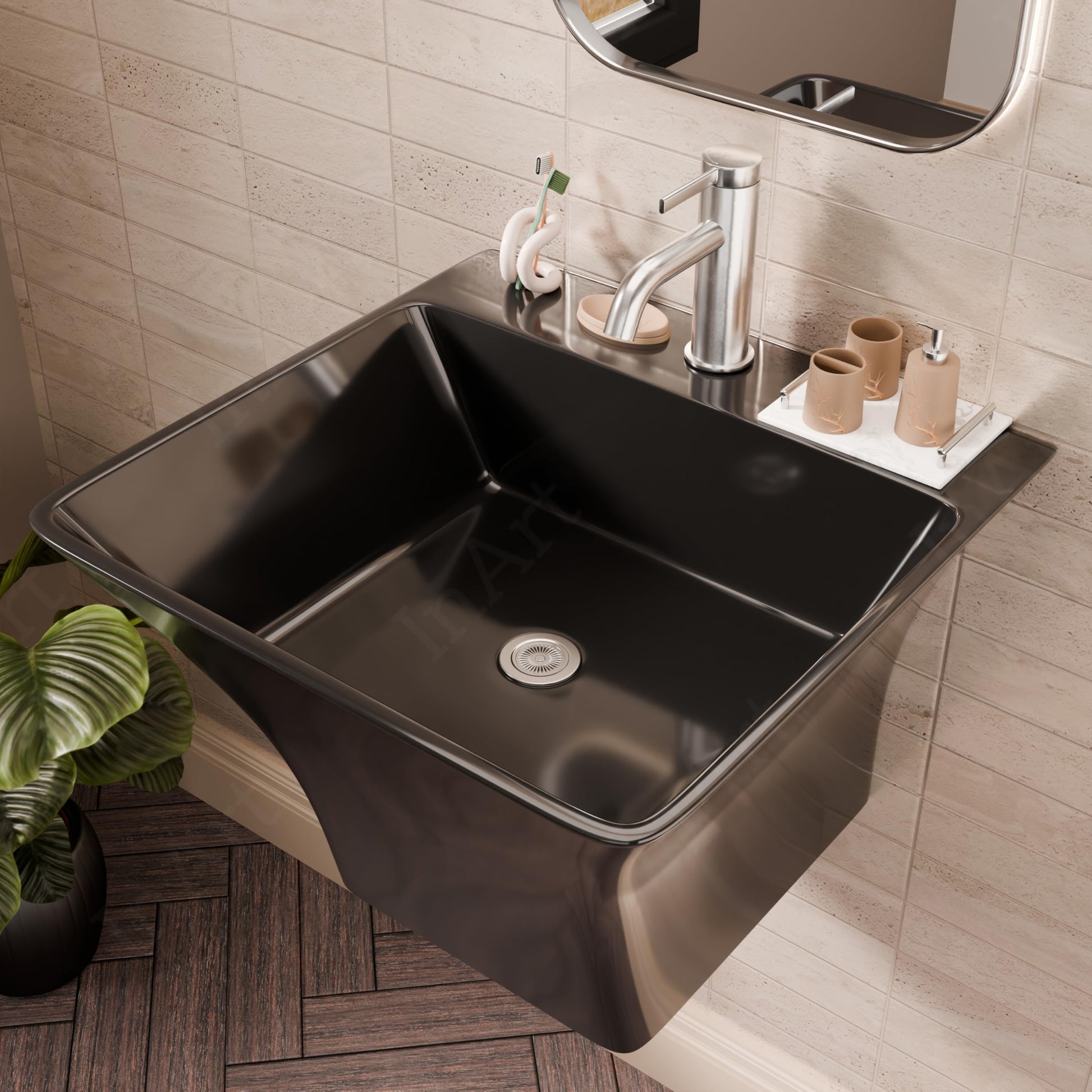 Square gloss black ceramic wall-hung basin with half pedestal, side profile showing compact space-saving design