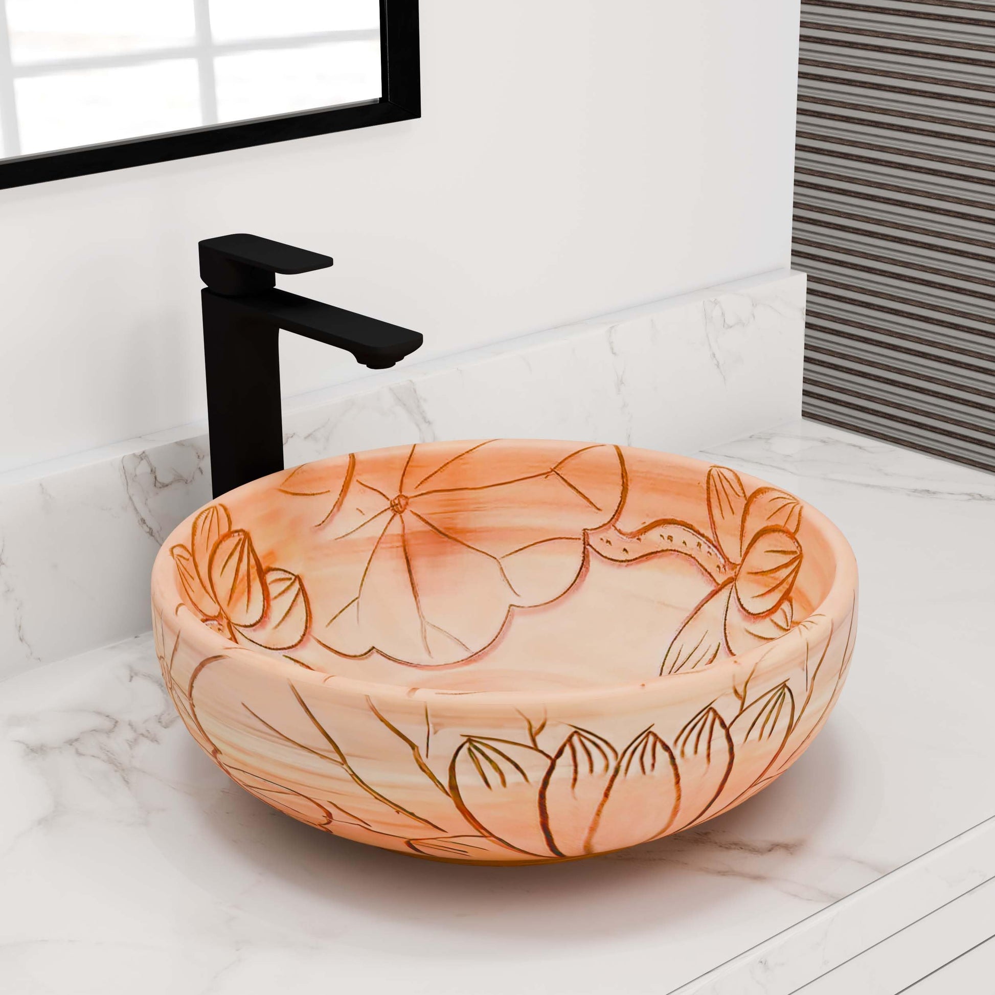 Round ceramic vessel sink for bathroom vanity, peach beige satin glaze with floral line art, above-counter basin