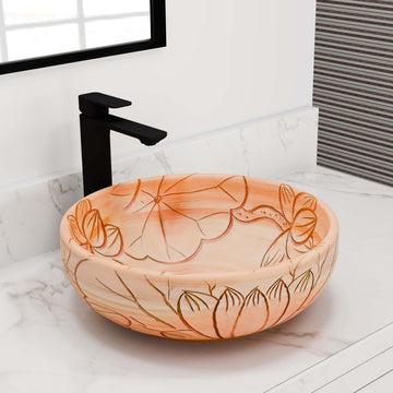 Round ceramic vessel sink for bathroom vanity, peach beige satin glaze with floral line art, above-counter basin