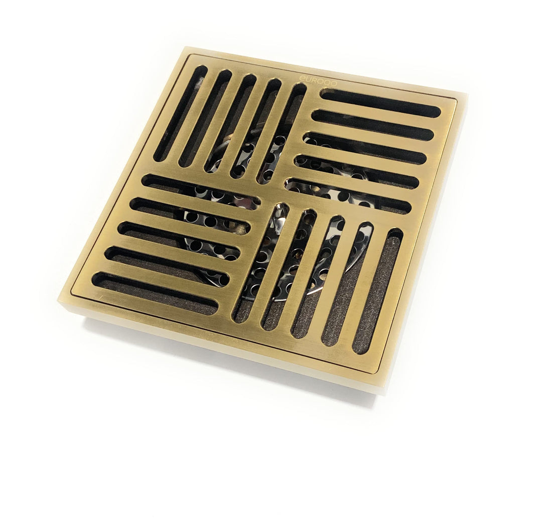 InArt 4 inch square brass shower floor drain with antique brass grate top view