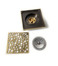 Decorative square brass floor drain grate pattern with multi-size round perforations