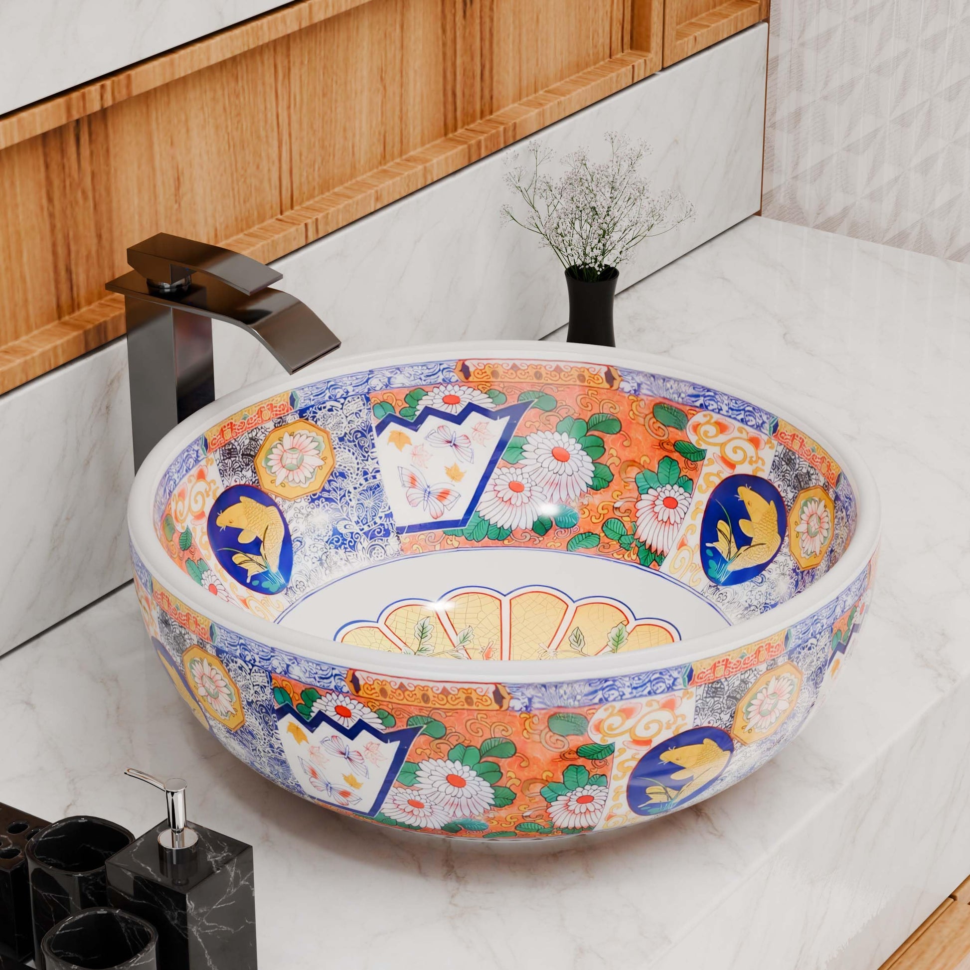 Round ceramic vessel sink with glossy white base and multicolor Mexican/Moroccan pattern, above-counter bathroom bowl