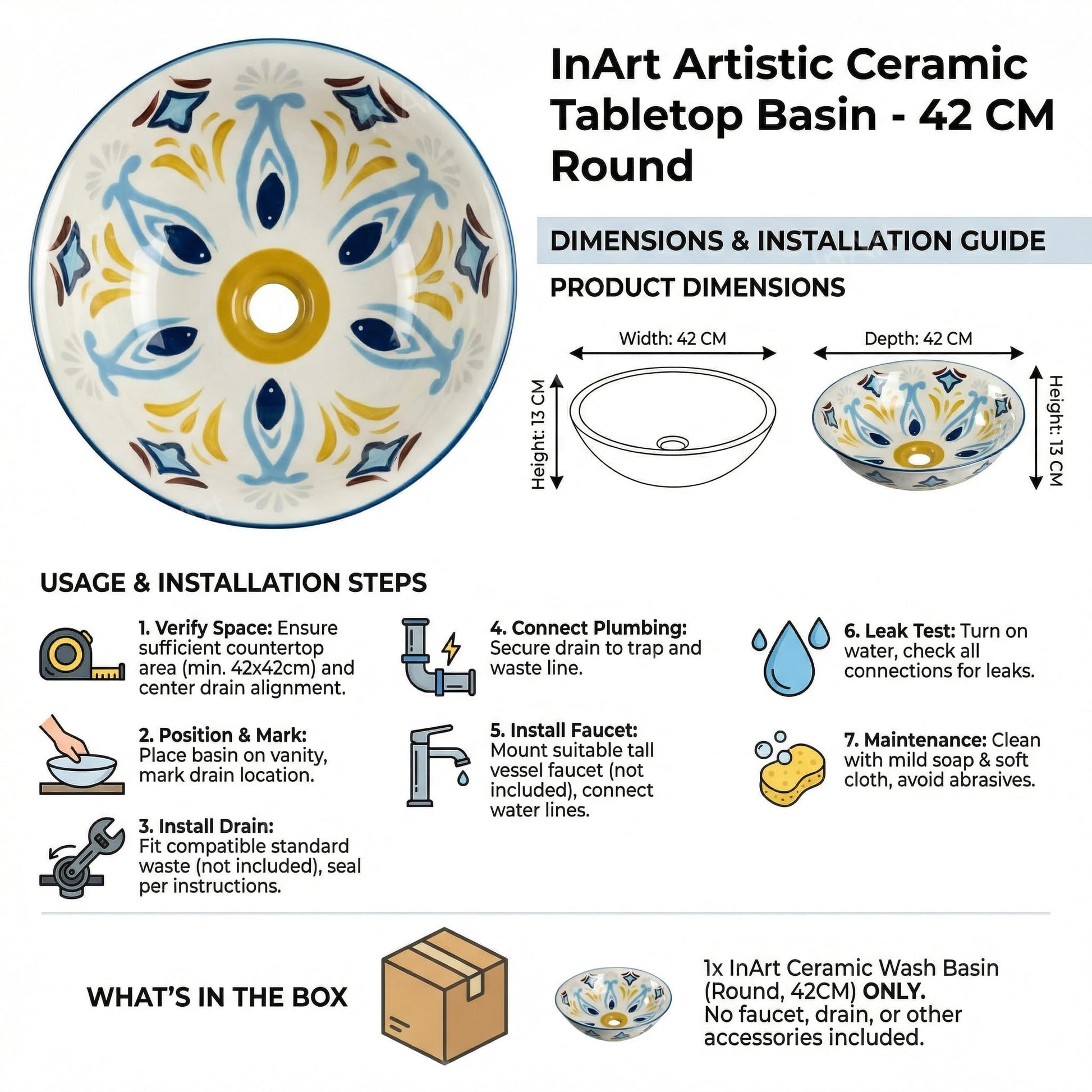 Bathroom with bowl sink styling, round ceramic vessel basin in Mexican blue on modern vanity