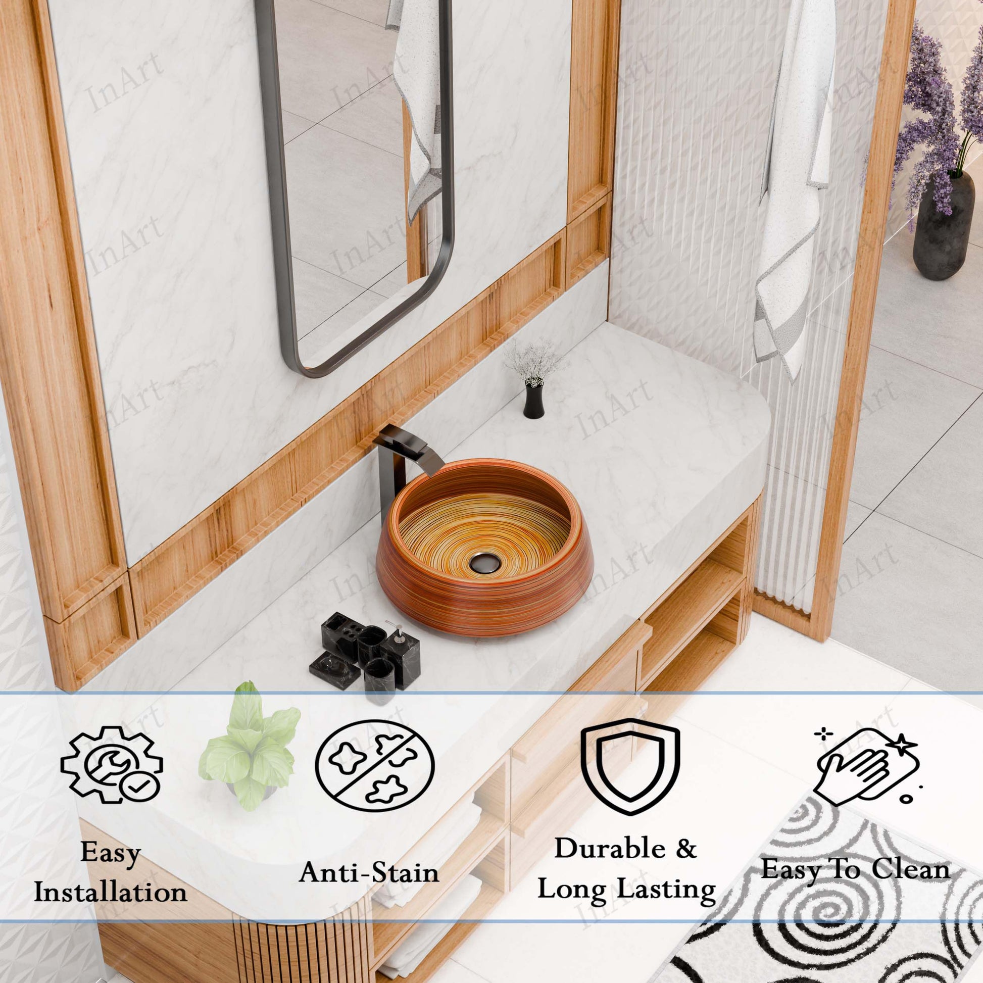 Angled view of wood-grain ceramic round vessel sink for bathroom vanity, above-counter basin