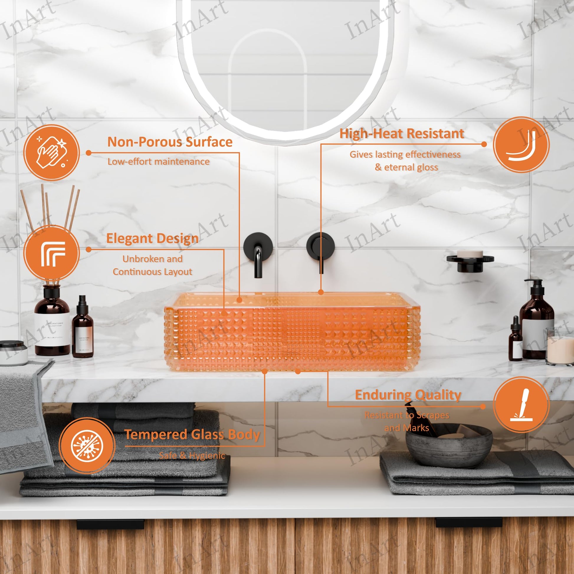 Side profile of above-counter rectangular glass vessel sink showing 4.13-inch height and textured walls