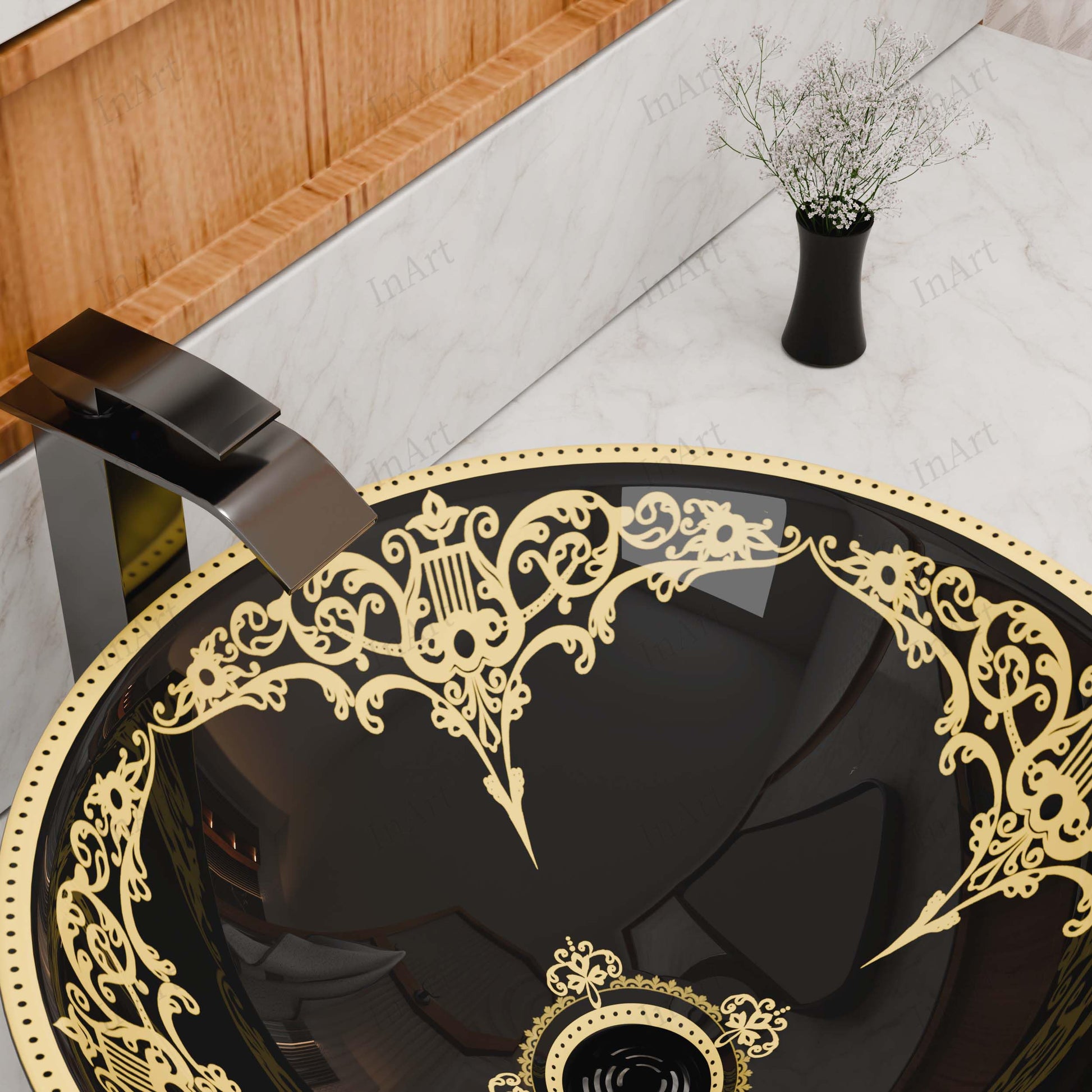 Angled view of above-counter round vessel bathroom sink, black ceramic with metallic-gold detailing