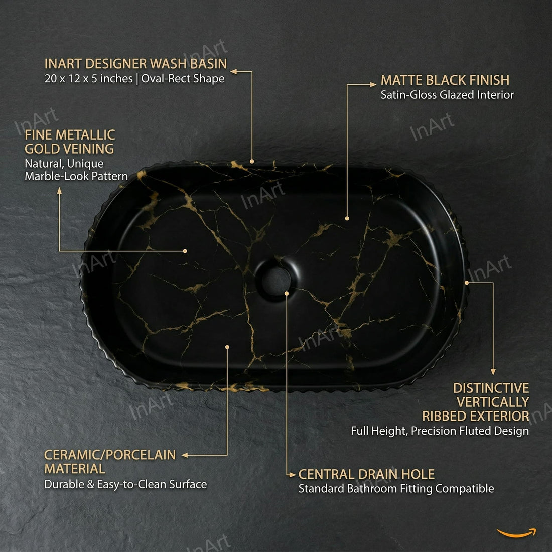 Sink on top of vanity: InArt 51x31 cm matte black marble rectangular ceramic vessel sink