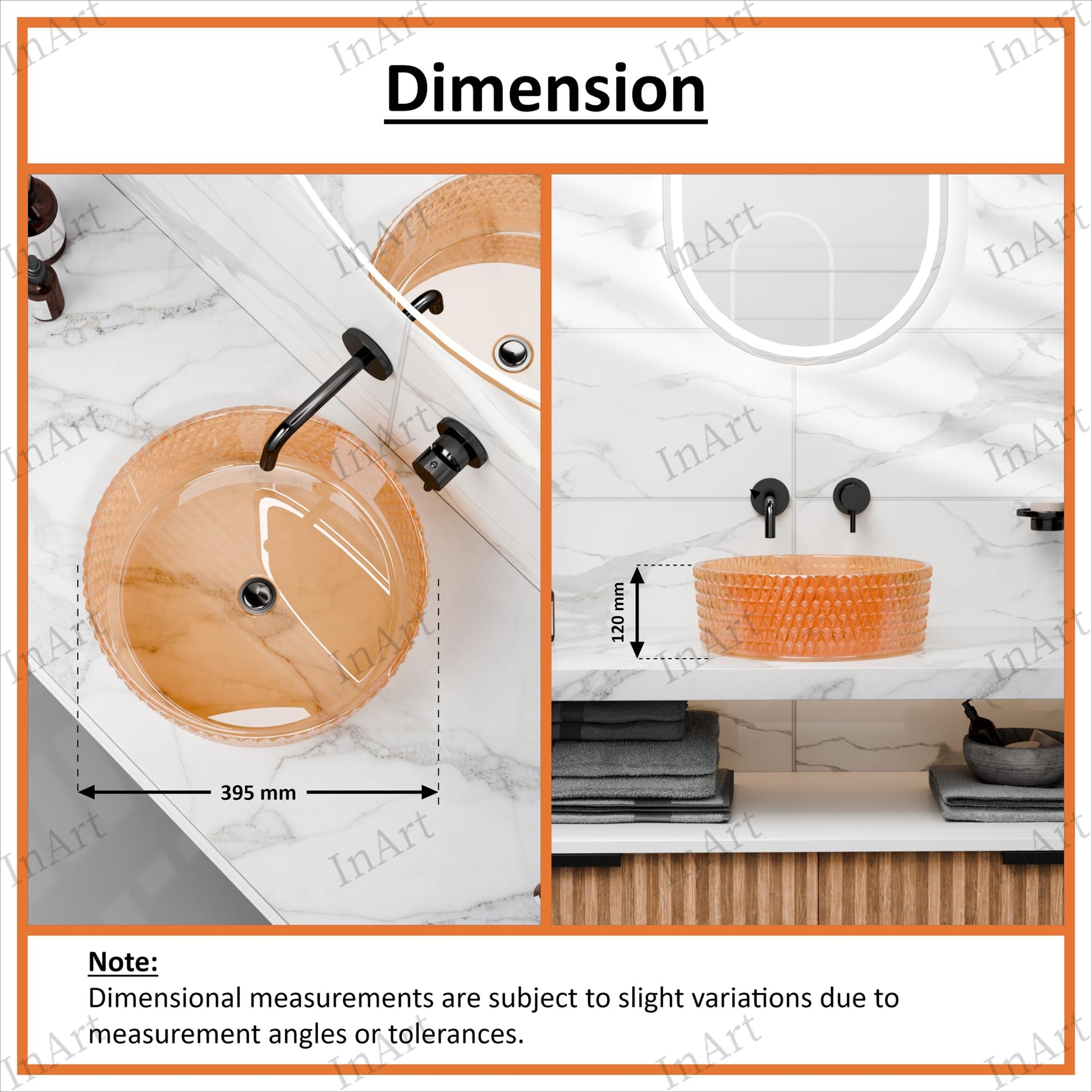 Top view of round amber glass vessel sink showing smooth glossy interior basin