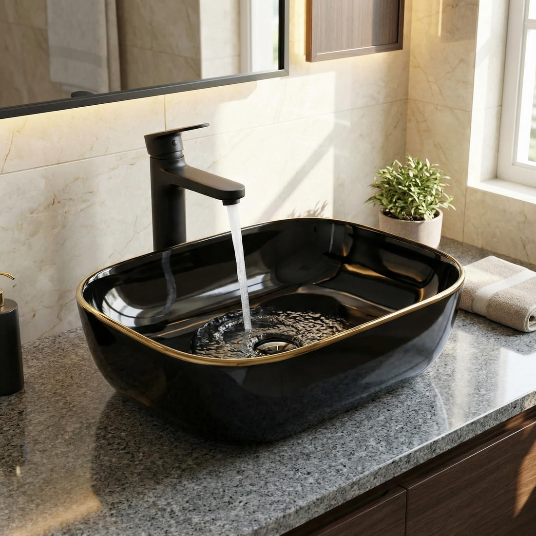 Vessel sinks InArt glossy black gold rectangular ceramic wash basin 18x13 countertop bathroom sink