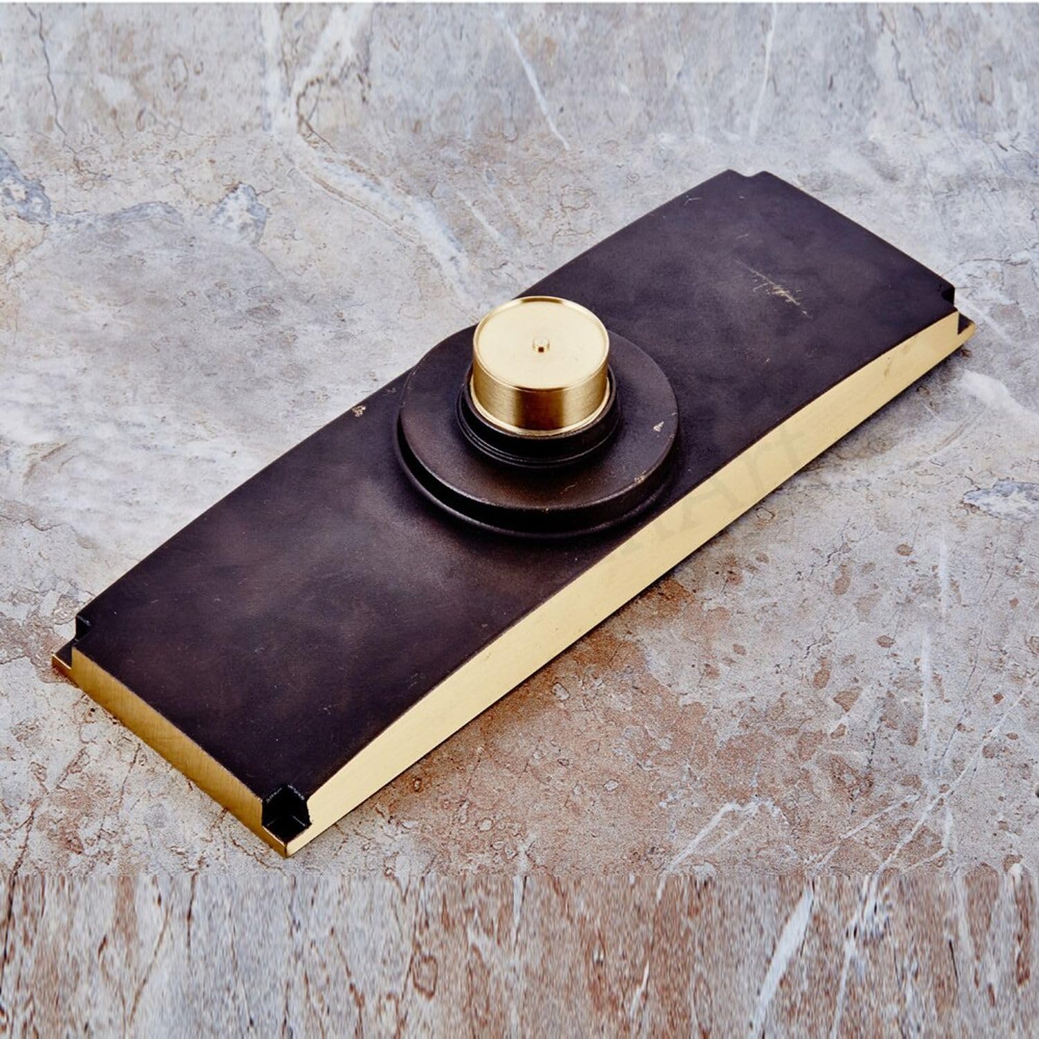 Installed-look floor-mounted linear drain frame for tile shower floor, antique brass brass grate