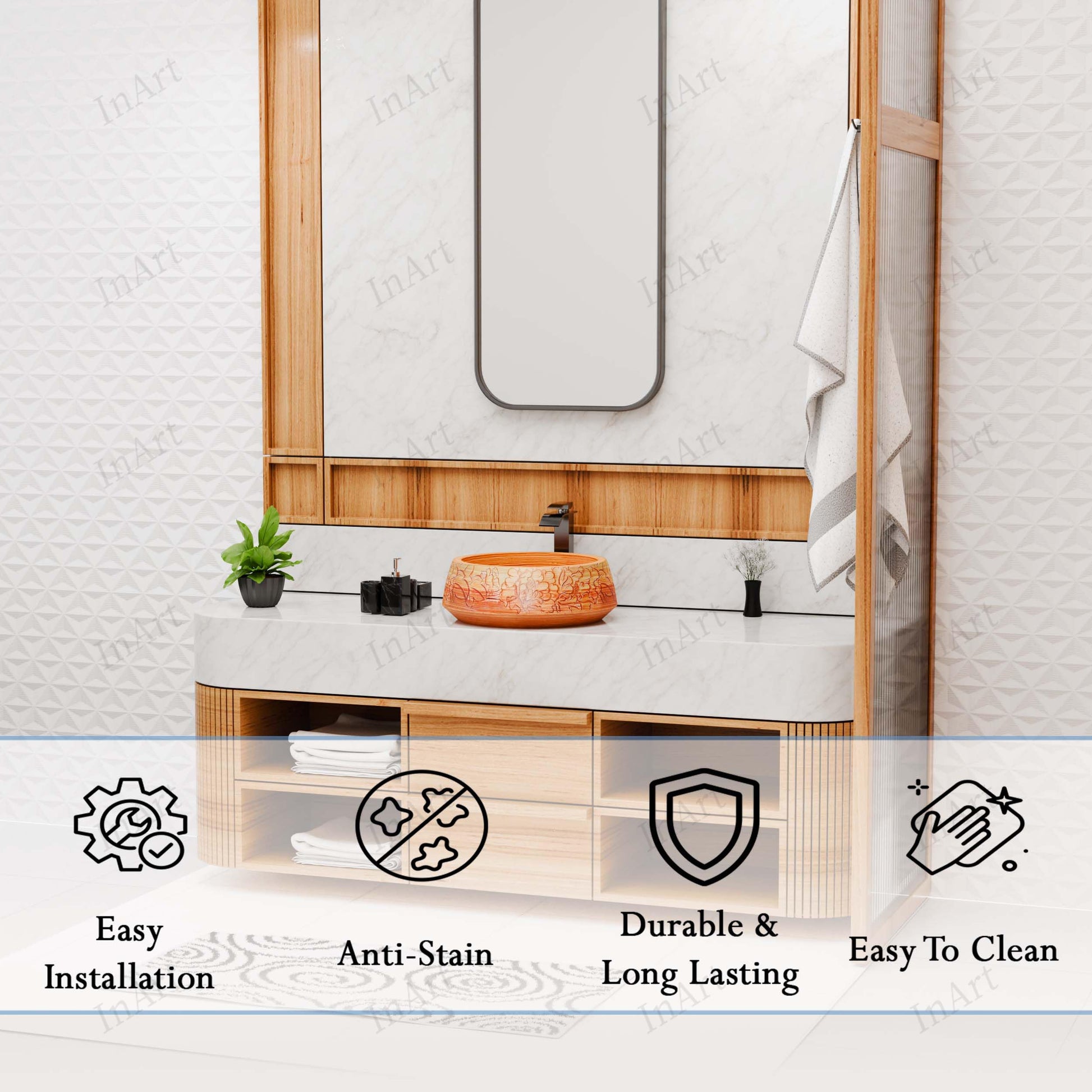 Side profile of above-counter round ceramic vessel sink, glossy wood-tone finish, 5.5 in height