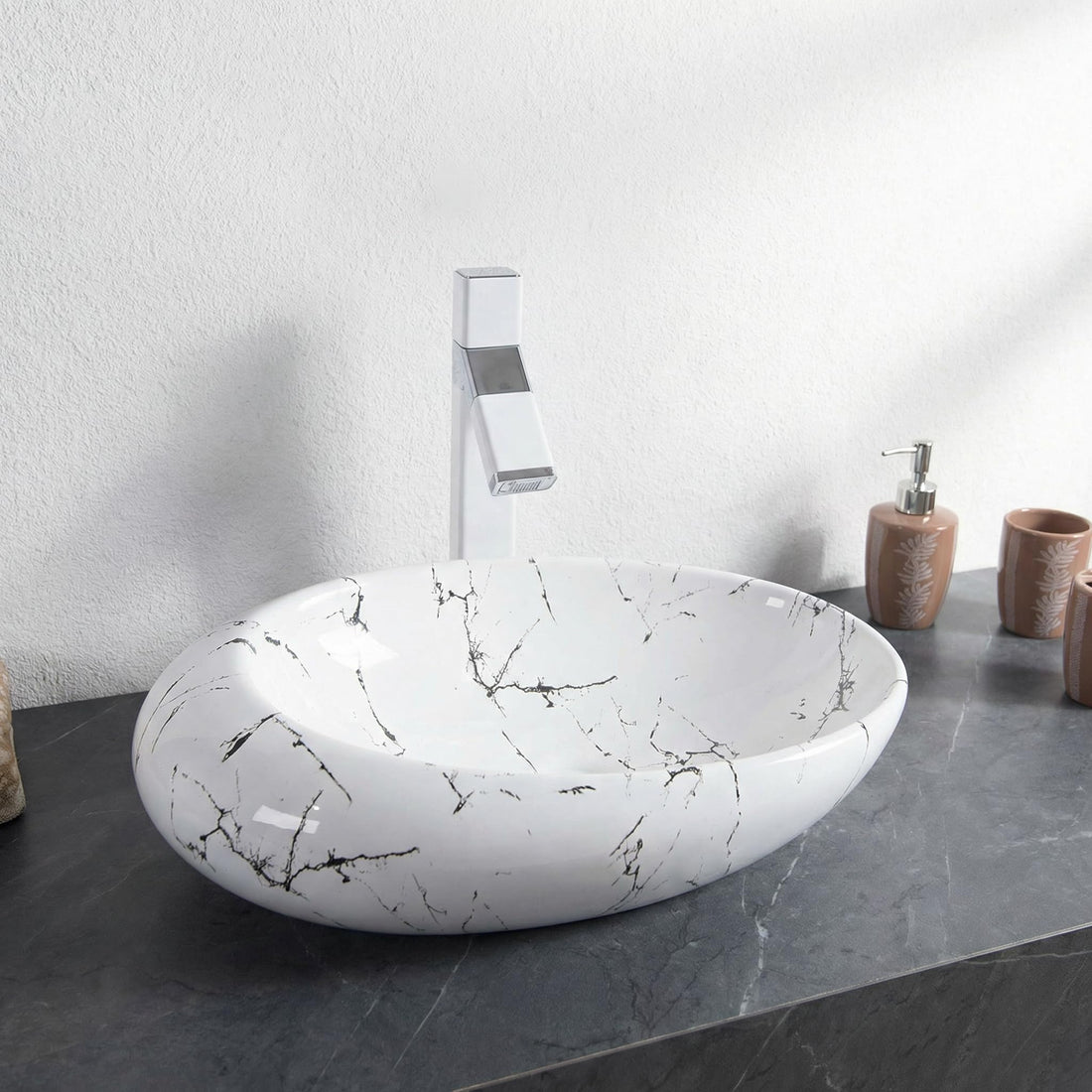 Vanity for vessel sink InArt Satvario rectangular ceramic vessel sink 20x12 white gray marble countertop basin