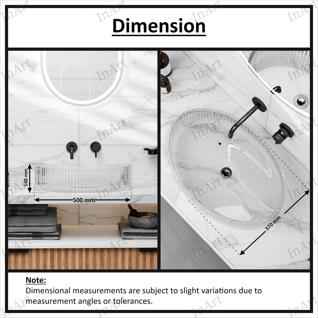 Clear glass vessel sink oval ribbed fluted above-counter bathroom basin with center drain