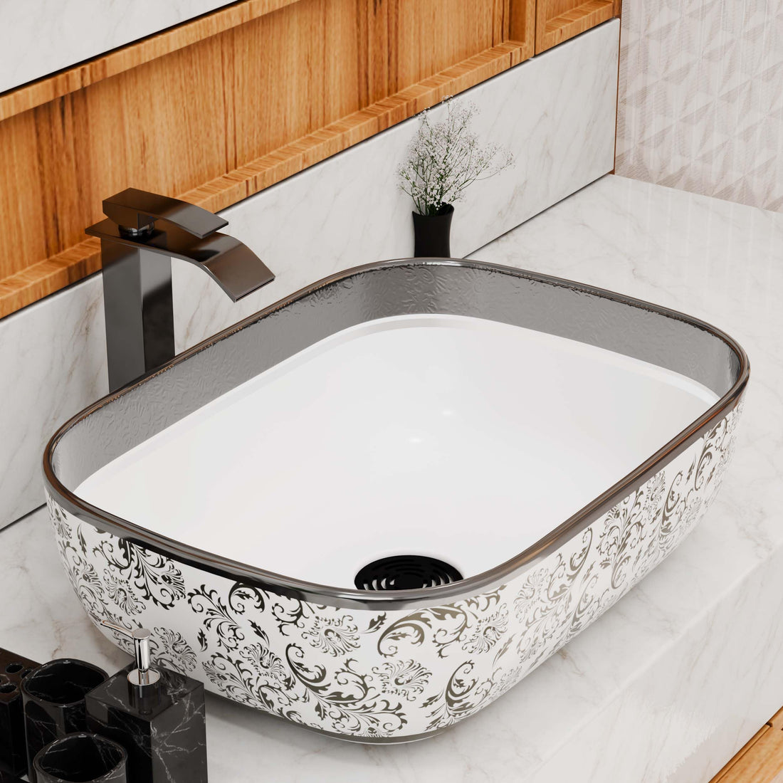 InArt ceramic vessel sink rectangular silver white tabletop bathroom wash basin 45.5 x 32 cm