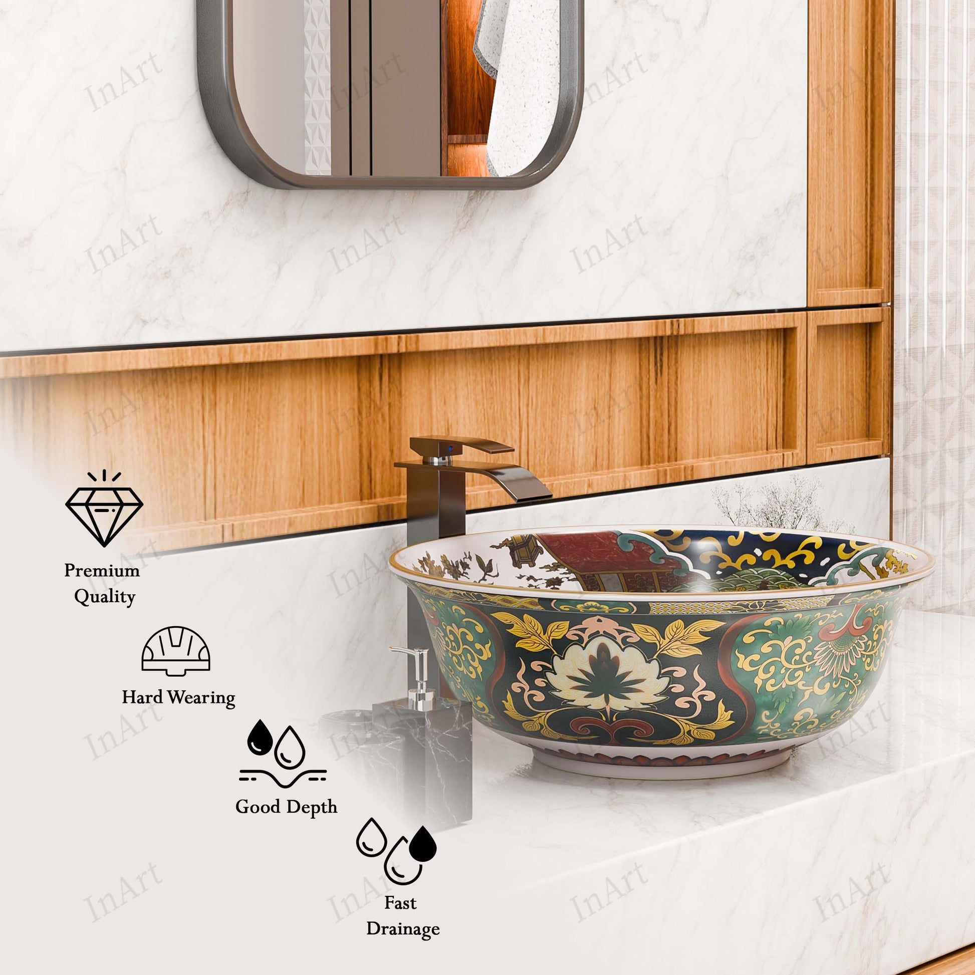 Close-up of glossy multicolor ceramic vessel sink rim with thin gold-tone accent detail