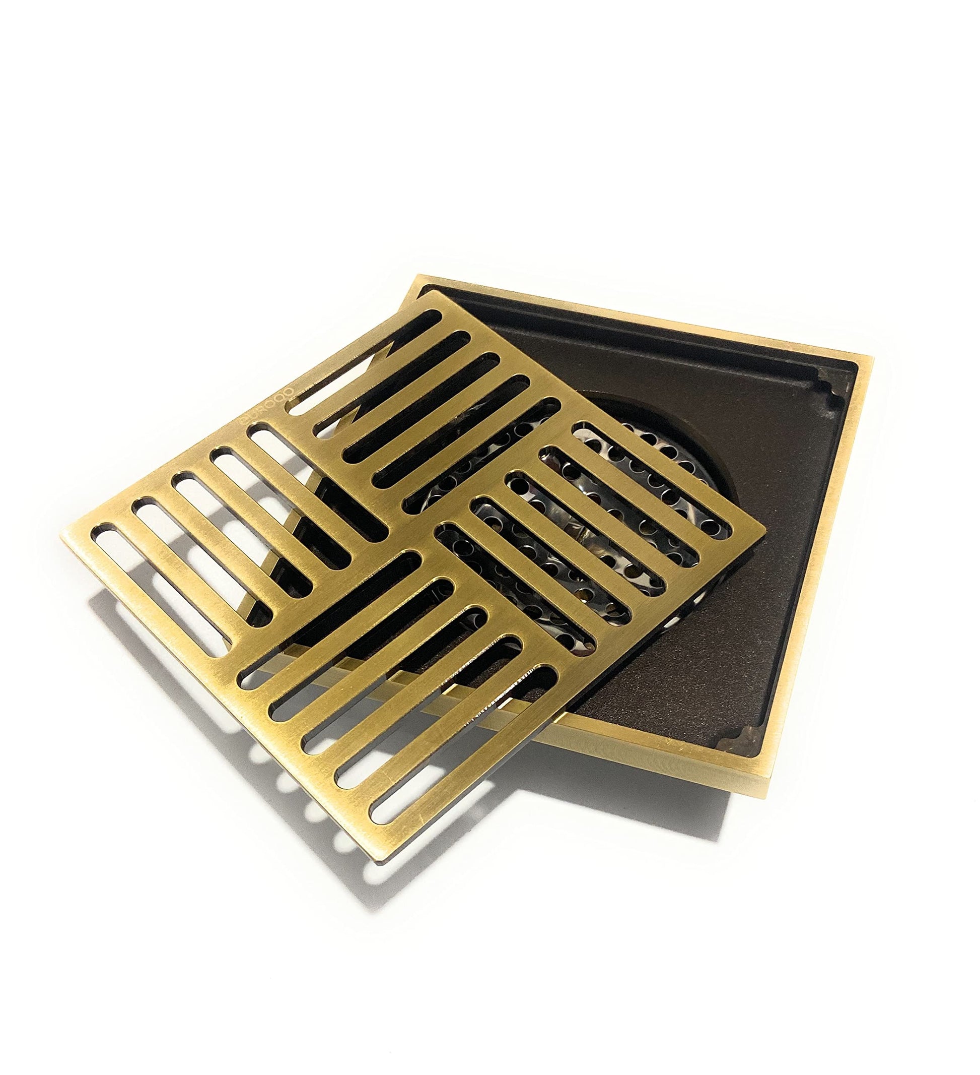 InArt 4 inch brass floor drain bottom outlet connection to PVC/ABS pipe underfloor installation view