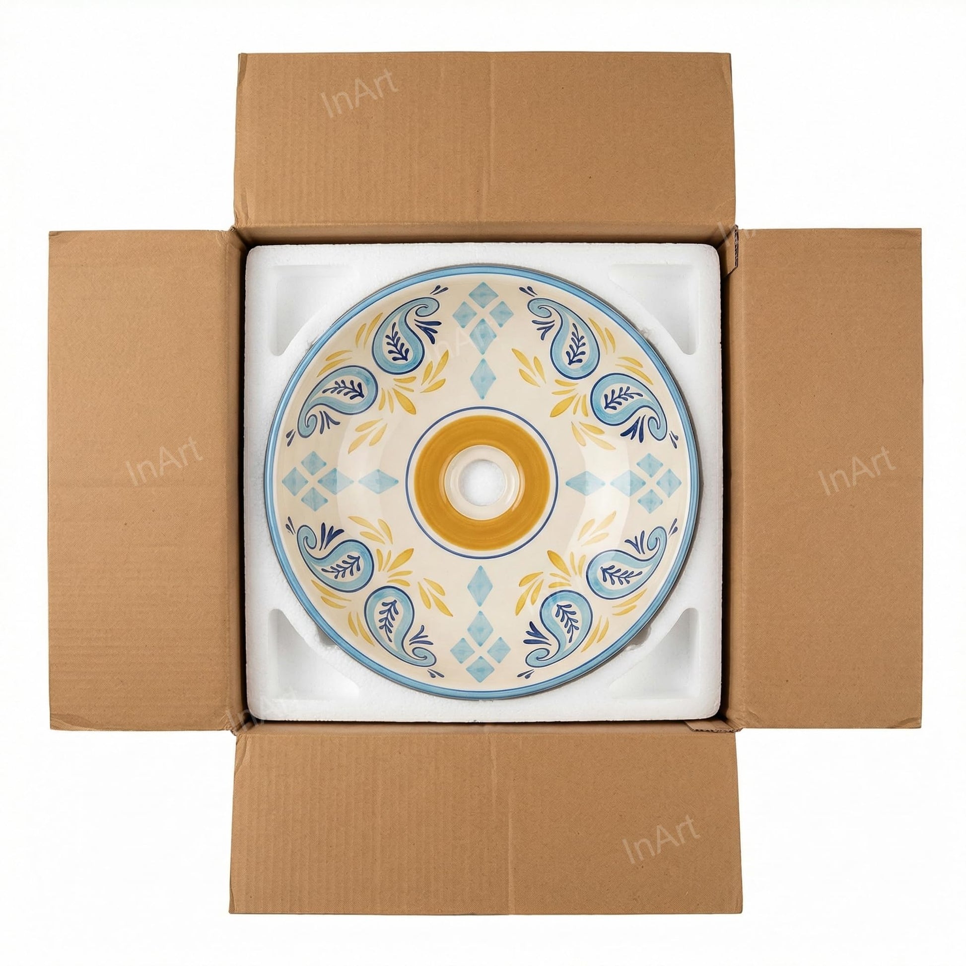 Restroom sink bowl in boutique setting, InArt ceramic round vessel sink with Mexican blue pattern