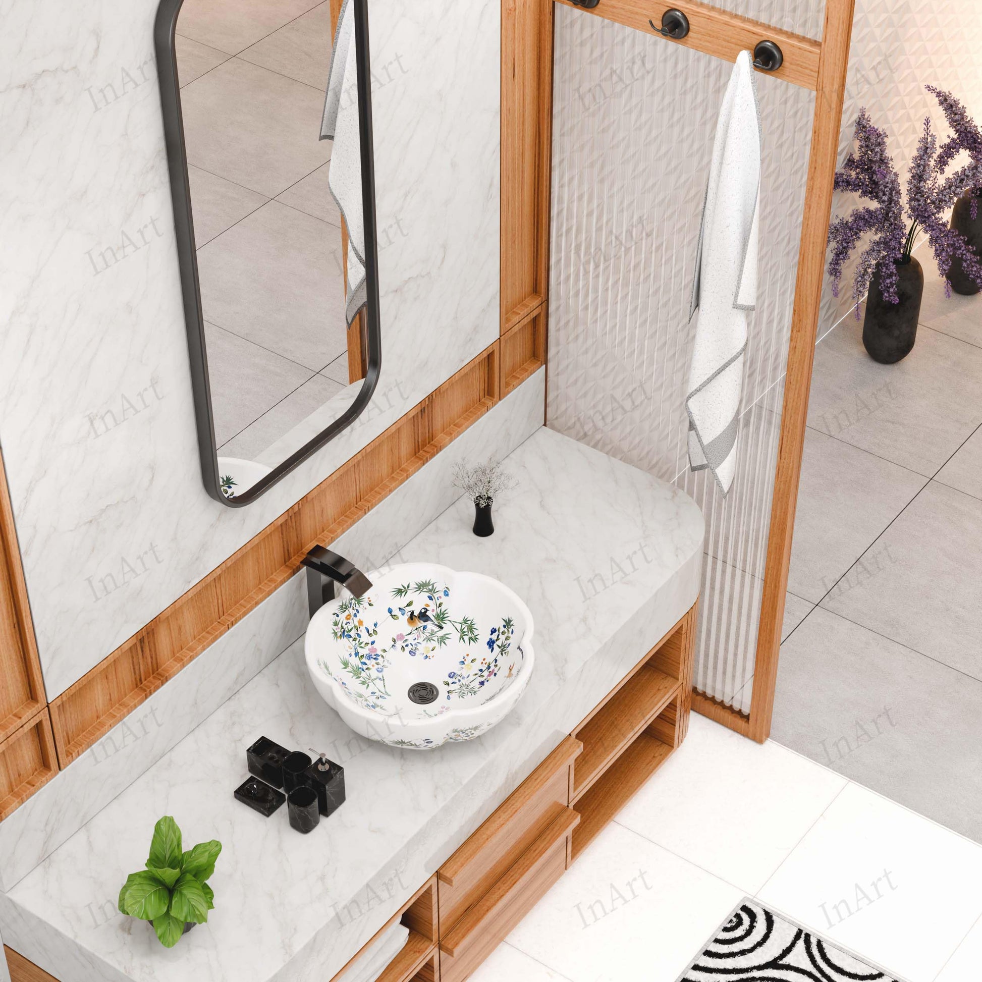 Decorative ceramic vessel sink bowl for bathroom, glossy white with floral and bird design, angled view