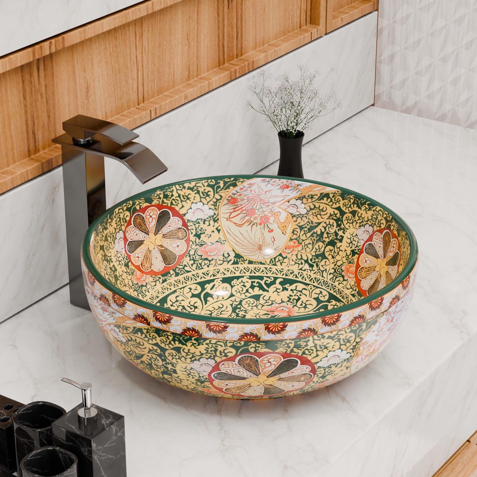 Round glazed ceramic vessel sink for bathrooms, glossy green and beige patterned above-counter bowl