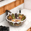 Bathroom vessel sink, glazed ceramic round bowl, glossy multicolor Moroccan floral pattern, top view