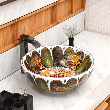 Bathroom vessel sink, glazed ceramic round bowl, glossy multicolor Moroccan floral pattern, top view