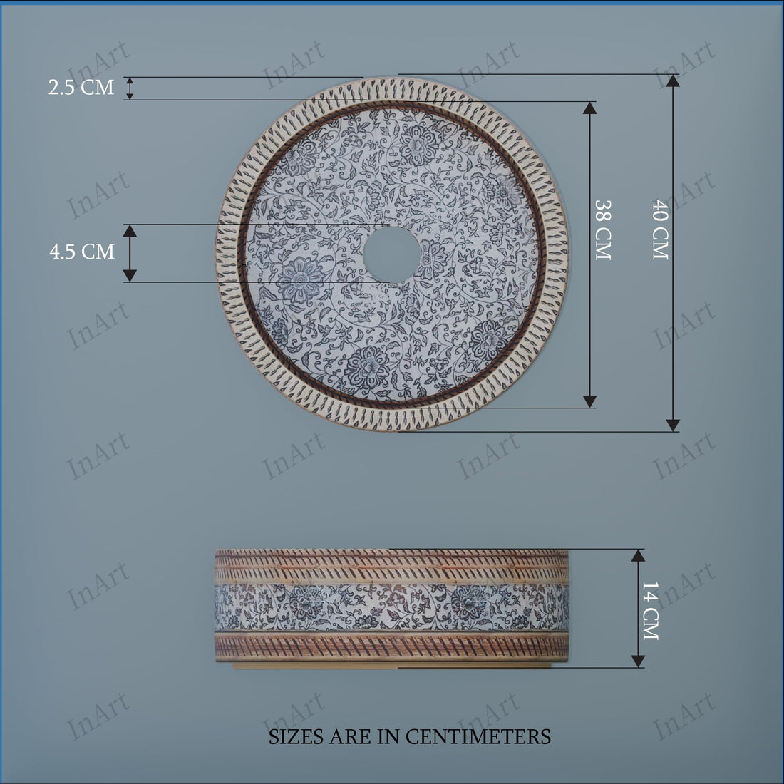 Round glazed ceramic vessel sink with Moroccan floral pattern, above-counter bathroom basin