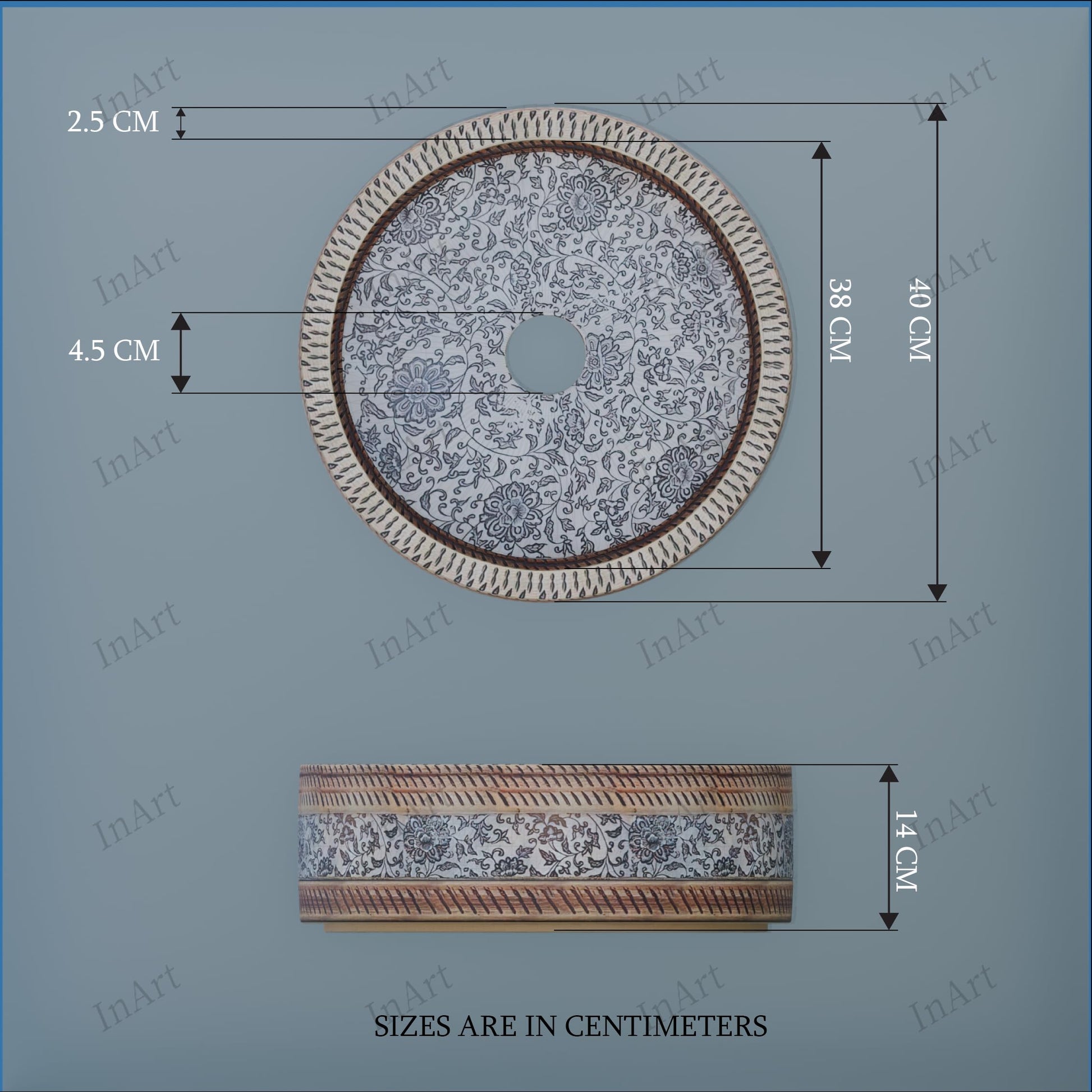 Top view of glossy patterned ceramic round vessel sink bowl for bathroom vanity