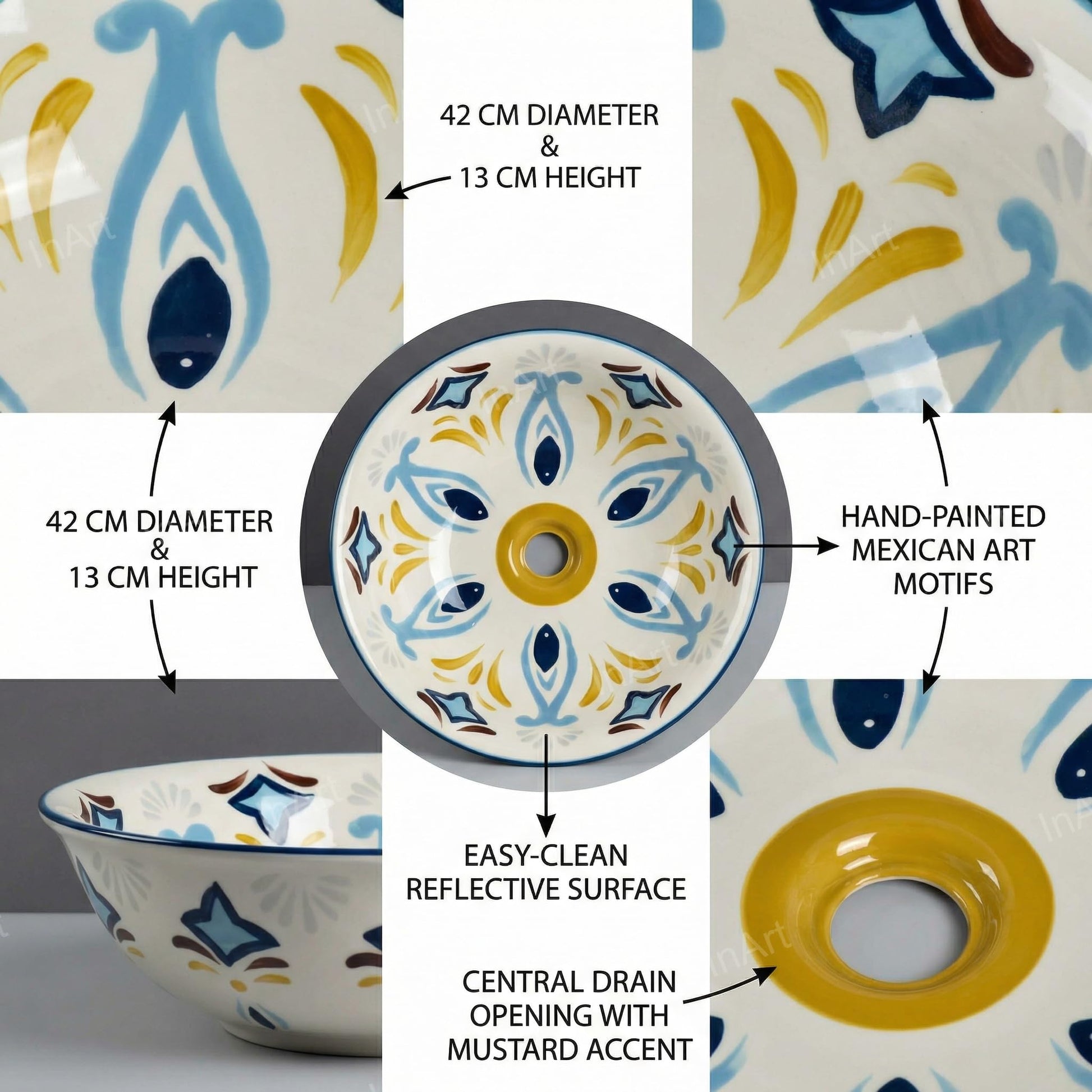 Sink bathroom bowl top view, InArt round ceramic vessel sink with Mexican blue art design