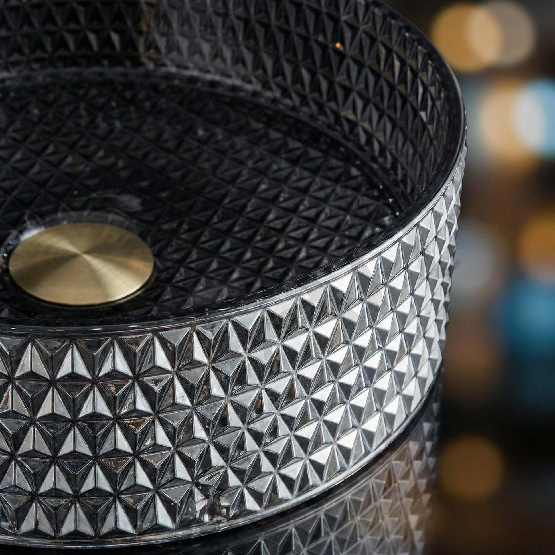 Bathroom with bowl sink on vanity top, square tempered glass vessel sink bowl in glossy black silver