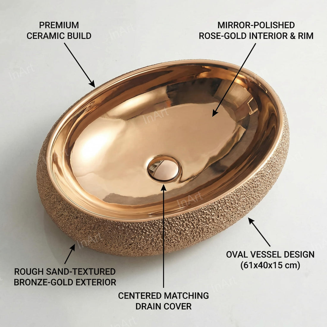 Bathroom ceramic basin InArt rose gold polished rectangular ceramic vessel sink 24x16