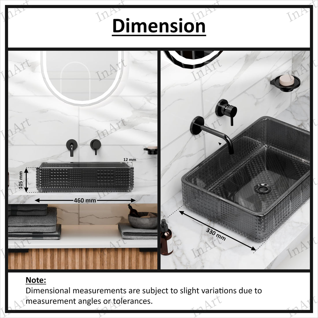 Rectangular tempered glass vessel sink in smoked black with textured pattern, above-counter bathroom basin