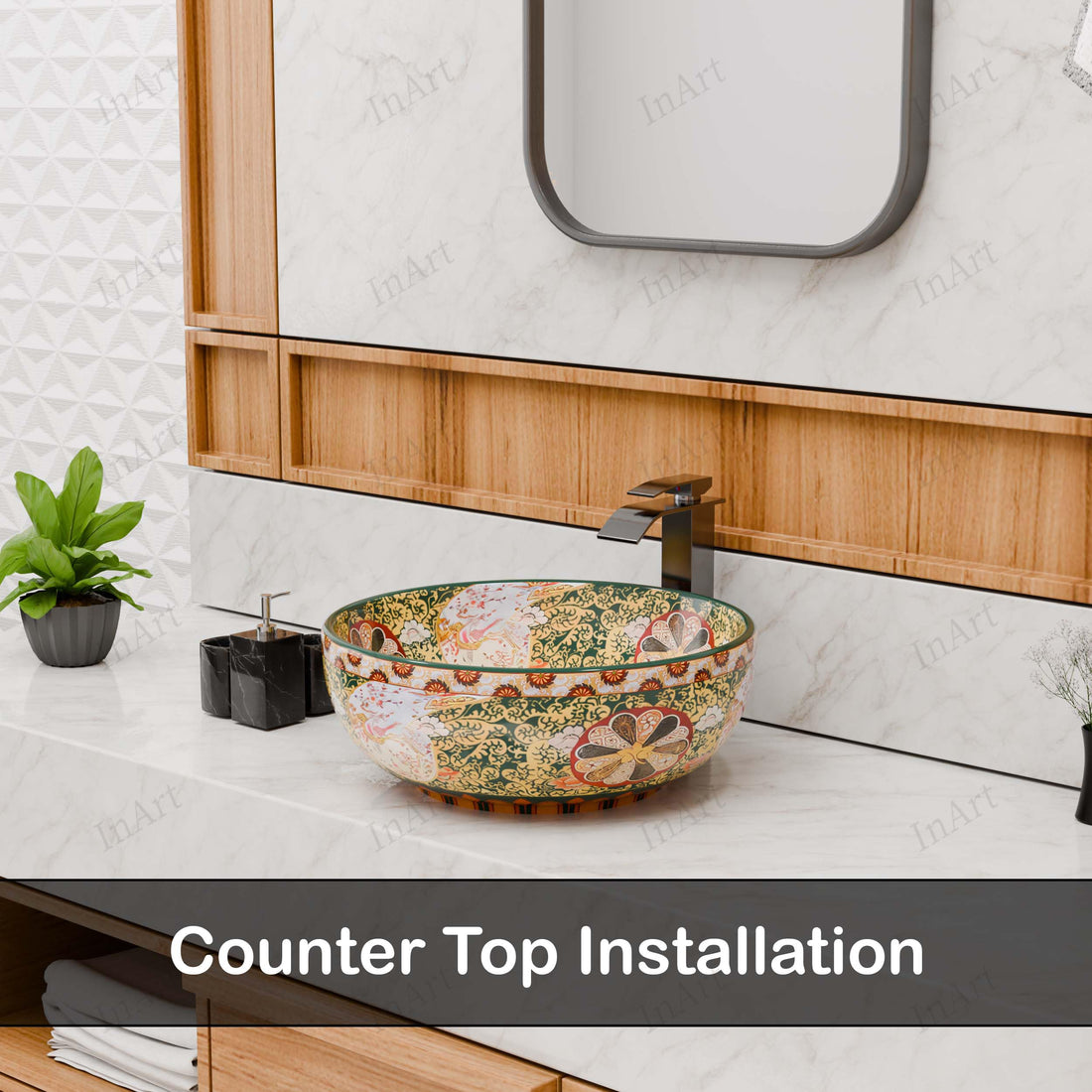 Round glazed ceramic vessel sink for bathrooms, glossy green and beige patterned above-counter bowl