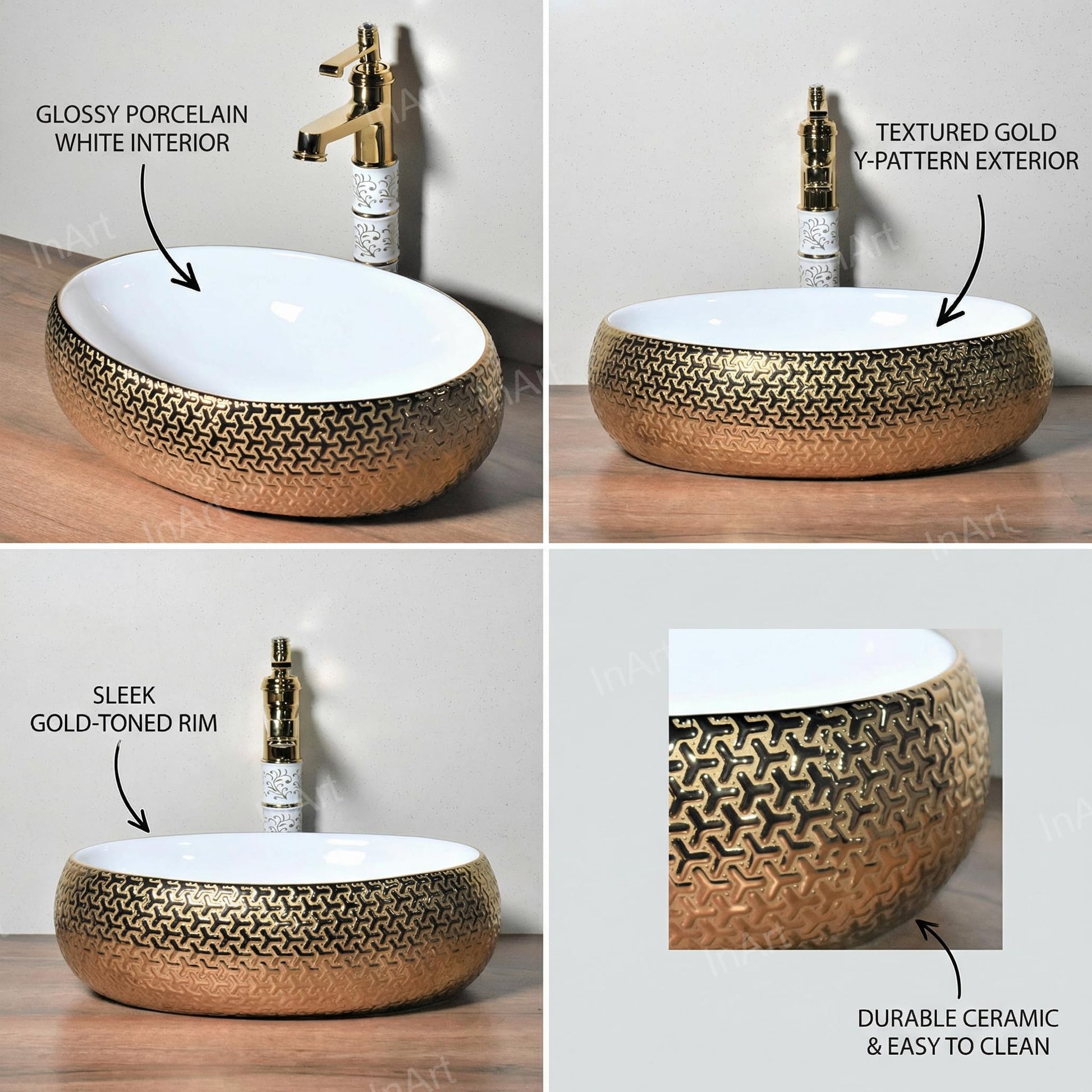 Vessel sink gold ceramic bowl, top-down angle showing glossy gold interior