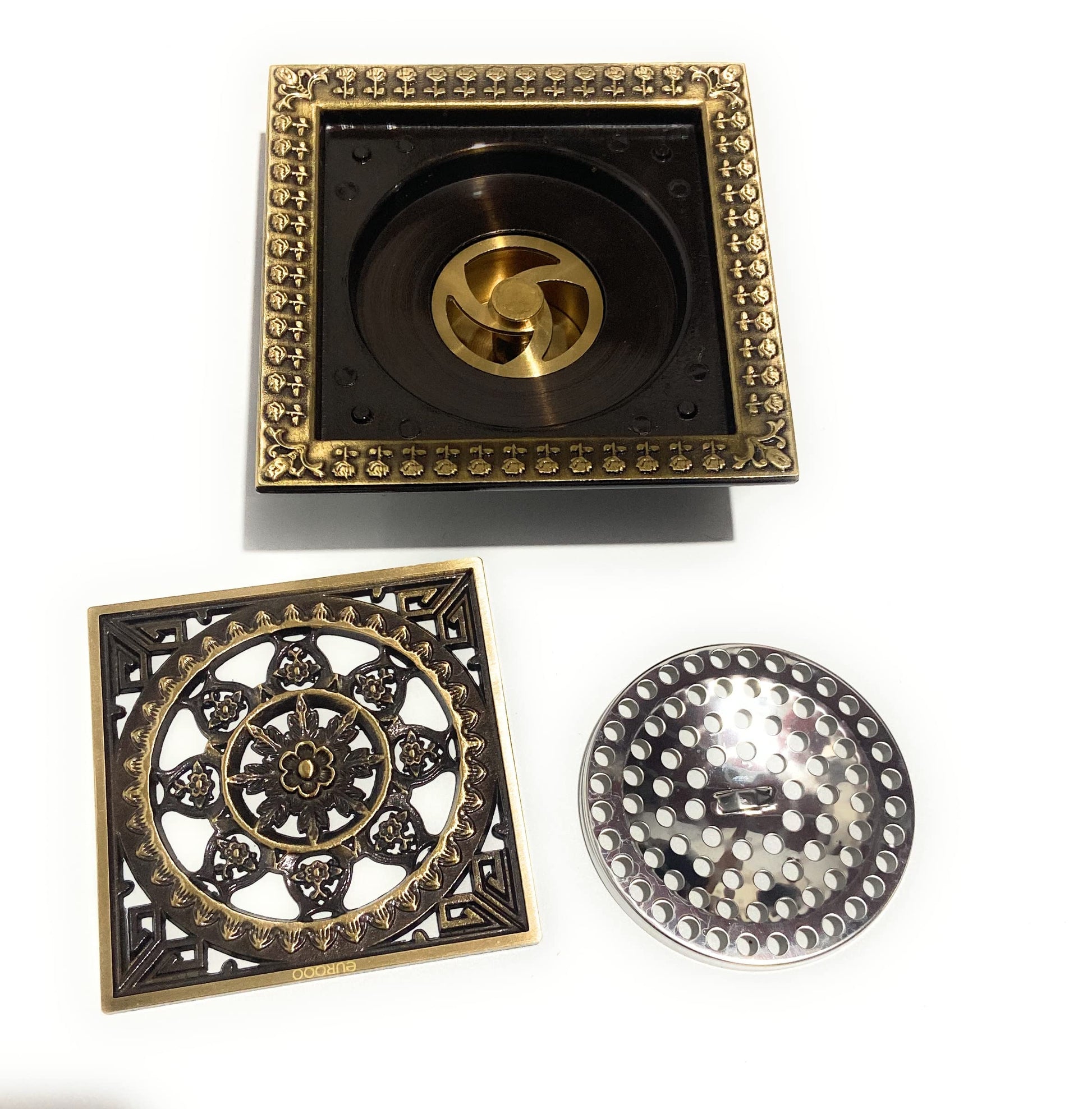 4 inch floor drain grate brass with internal pest-blocking and odor barrier insert, bathroom floor drain