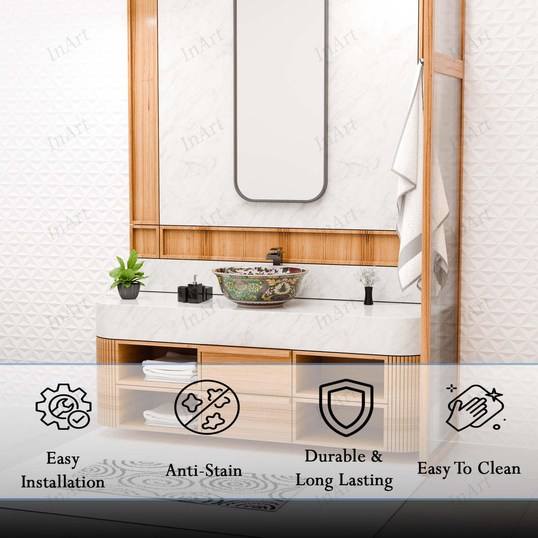 Round ceramic vessel sink with glossy multicolor pattern and gold-tone rim, above-counter bathroom basin