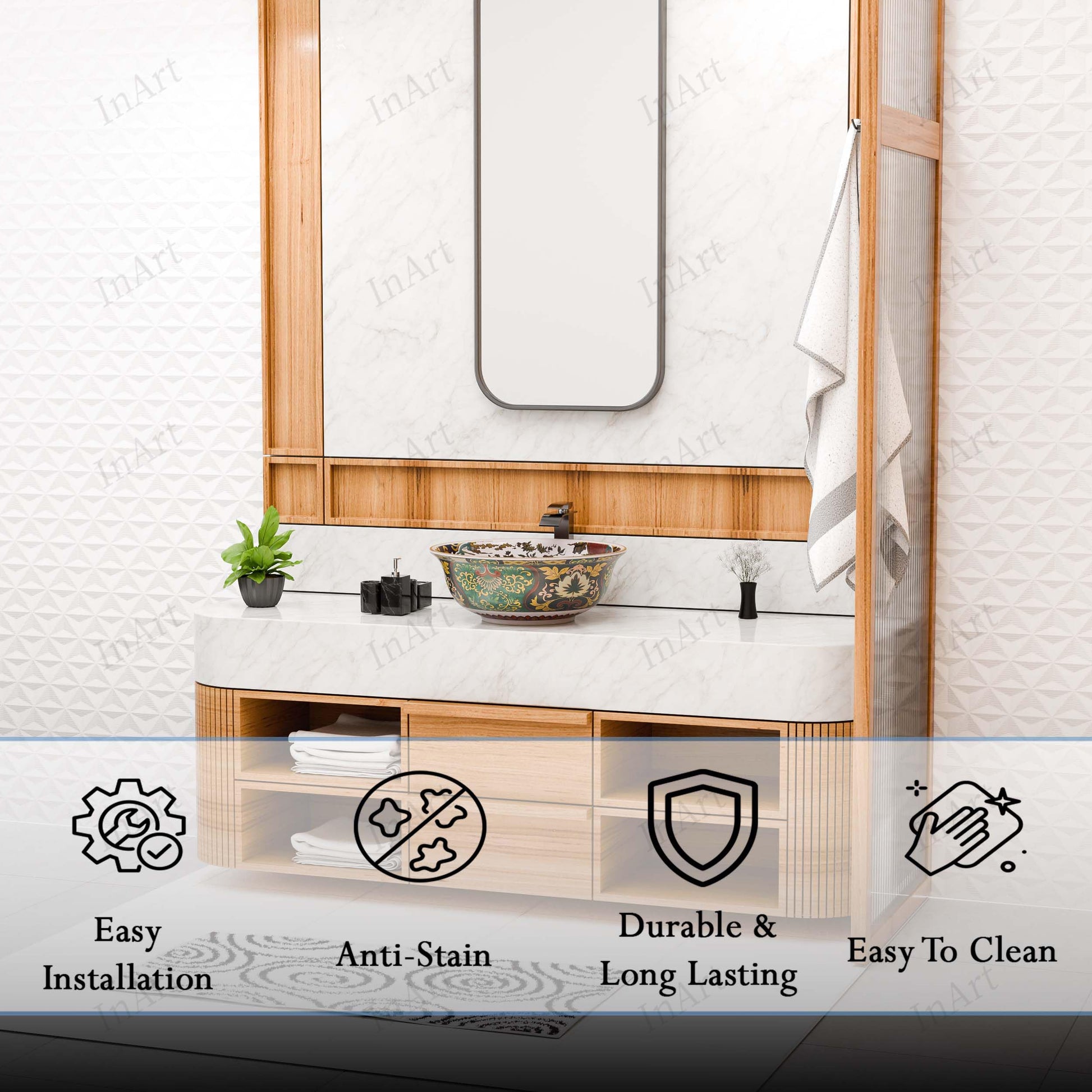 Top view of round glazed ceramic vessel sink bowl showing green and blue decorative interior pattern