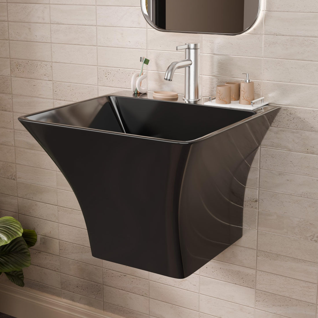 Wall mount small bathroom sink in gloss black glazed ceramic, square basin with integrated half pedestal front view