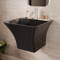 Wall mount small bathroom sink in gloss black glazed ceramic, square basin with integrated half pedestal front view