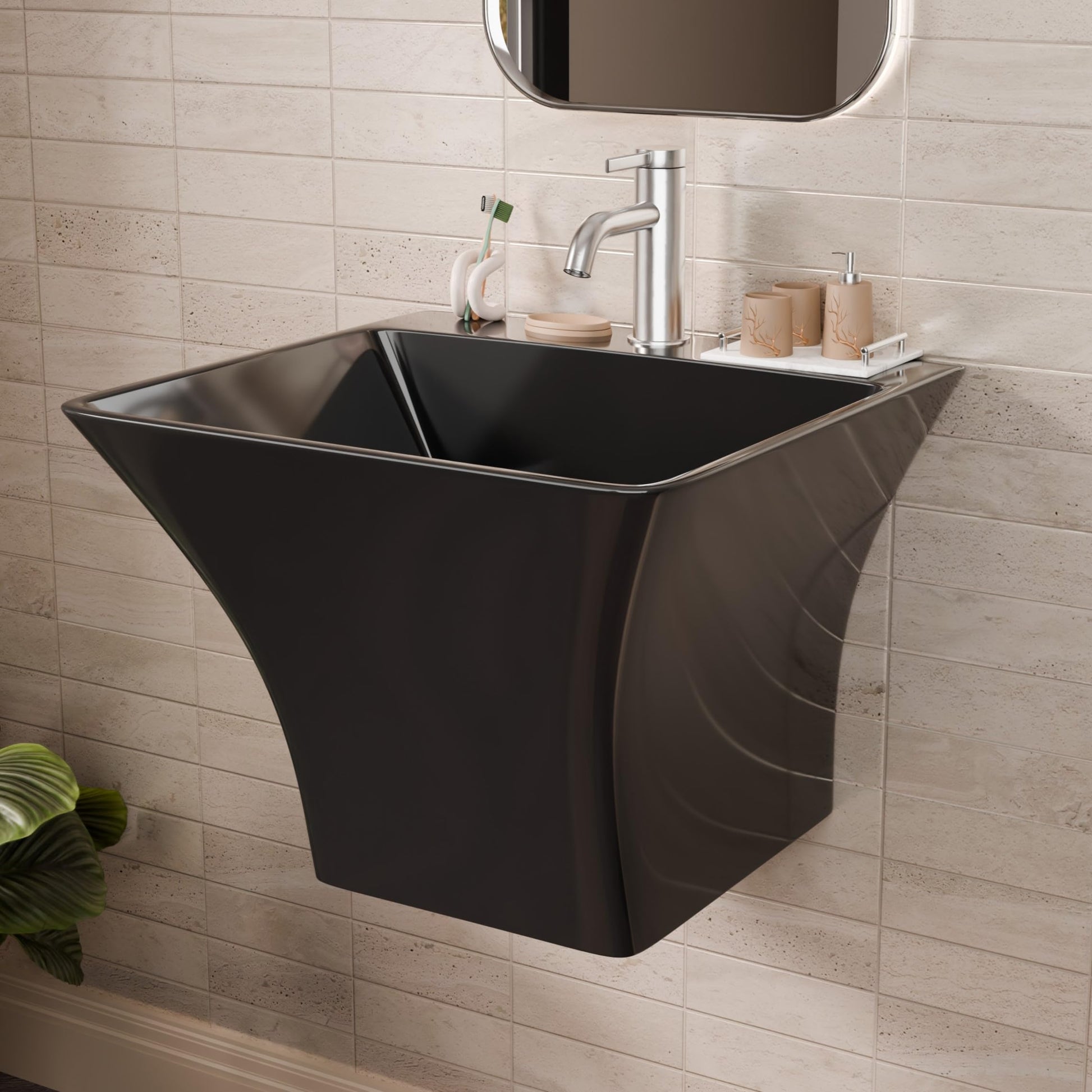 Wall mount small bathroom sink in gloss black glazed ceramic, square basin with integrated half pedestal front view