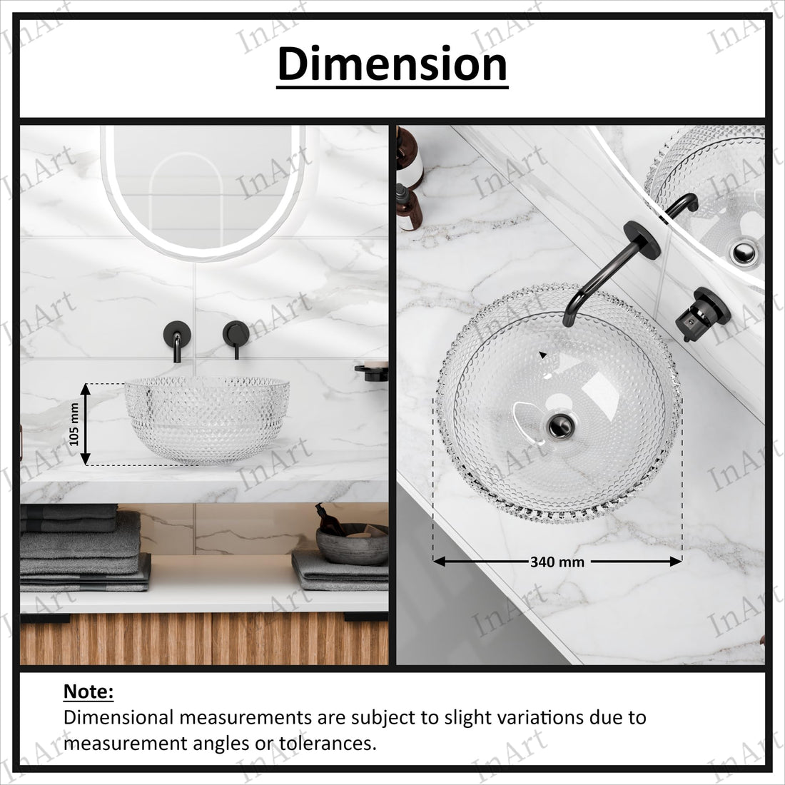 Clear textured glass round vessel sink bowl for bathroom vanity, above-counter installation