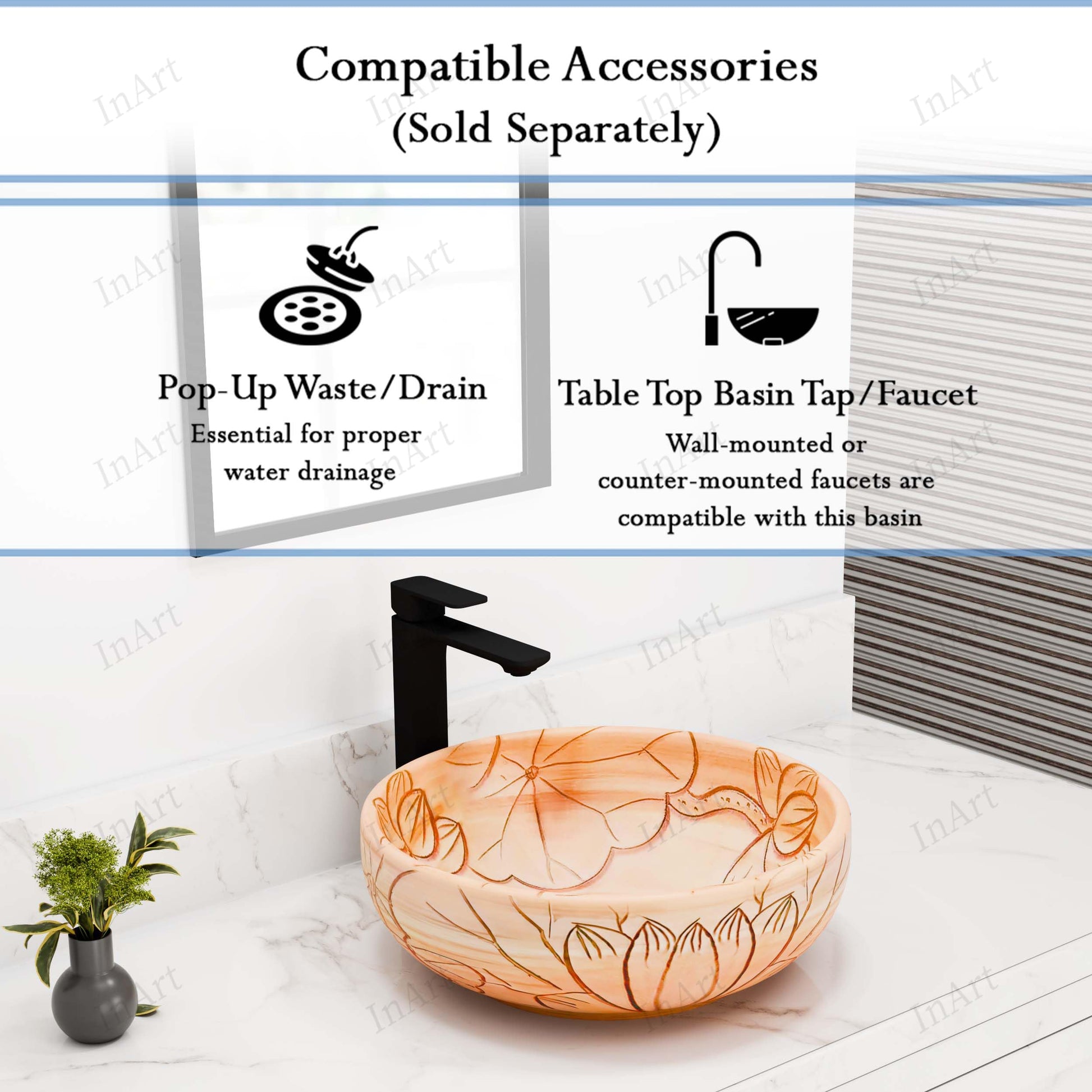 Side profile of above-counter round ceramic vessel sink, 15.75-inch peach beige satin finish bathroom basin