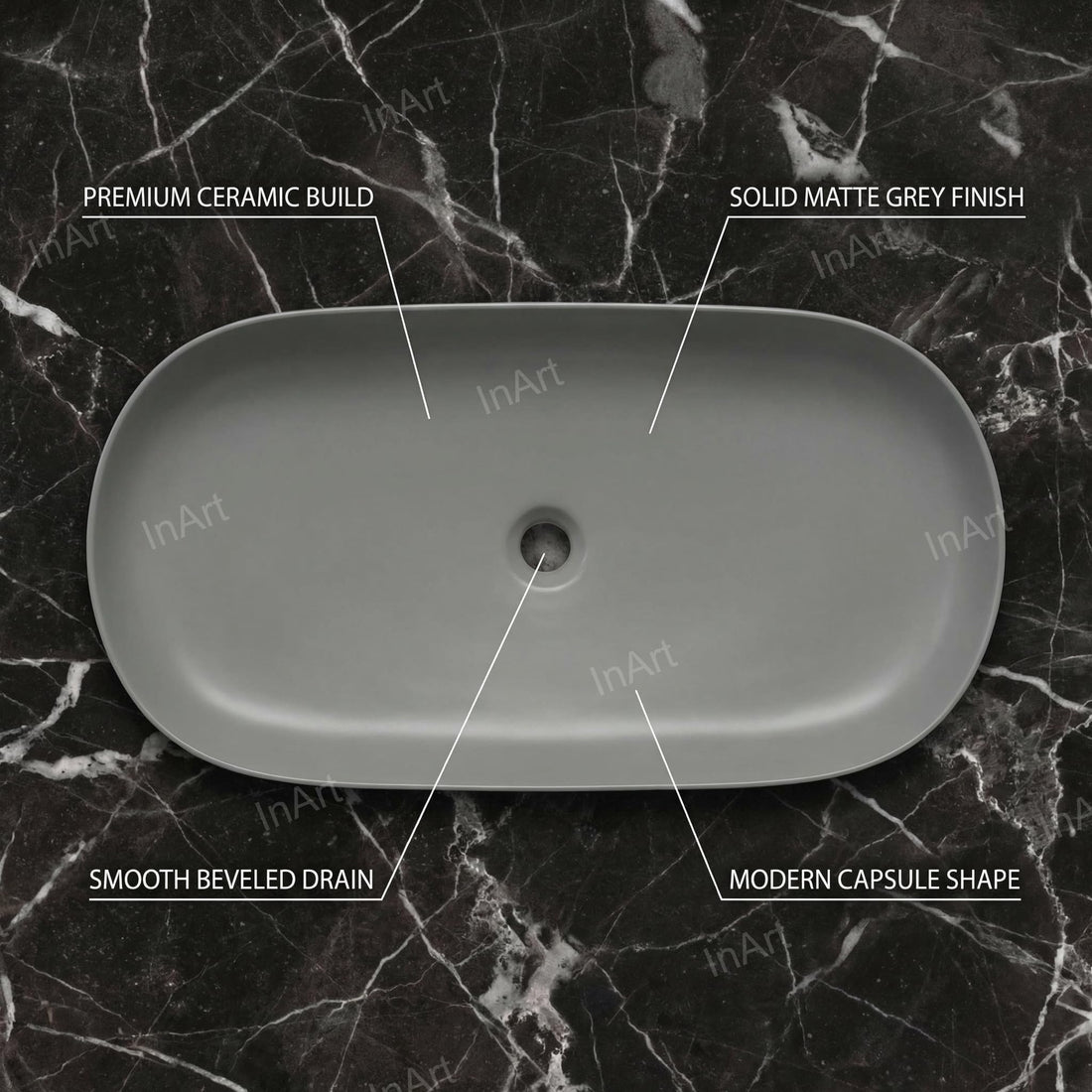Rectangular vessel sink InArt matte gray ceramic table top wash basin 80x40cm counter basin